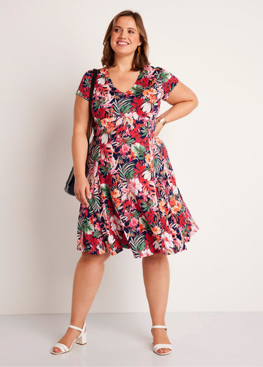 Robe mi-longue évasée col V Imp Fuchsia