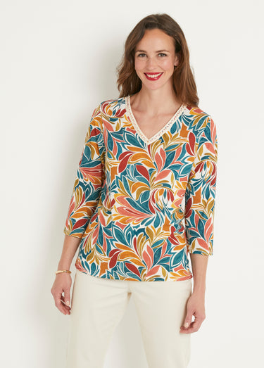 T-shirt court imprimé col V extensible Miel/Aqua