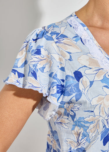Chemise de nuit coton dentelle Imprime/Bleu