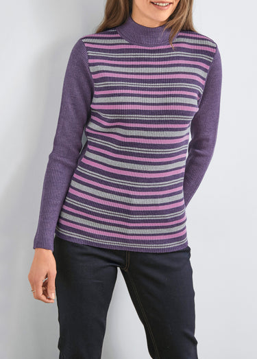 Pull col montant avec laine mérinos Raye Prune/Rose