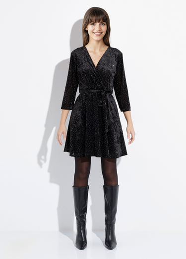 Robe chic cache coeur, velours et strass Noir