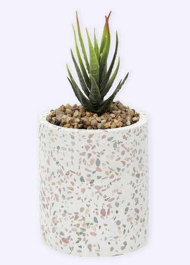 Plante artificielle + pot façon terrazzo Blanc