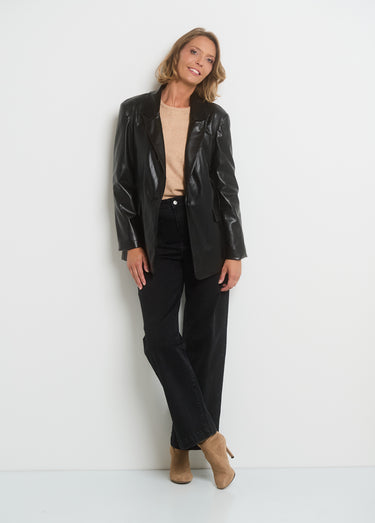 Veste faux cuir col tailleur 1 bouton Noir Mat