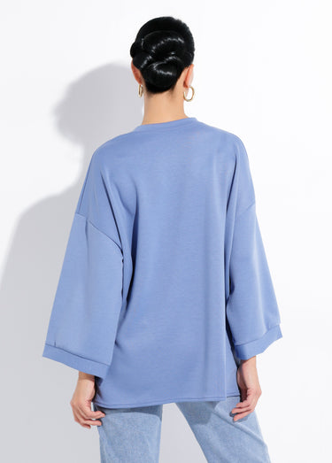 Sweat shirt large col rond, manches 3/4 Bleu Jean