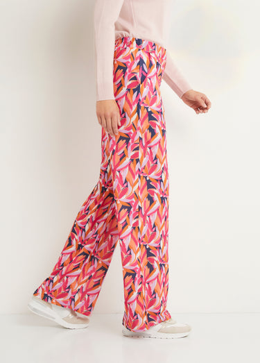 Pantalon large taille élastiquée feuillage Marine/Rose
