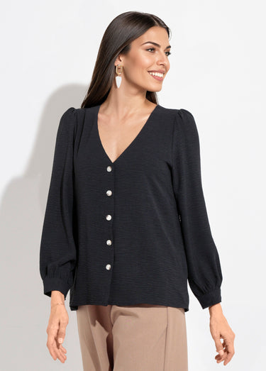 Tunique reliefée boutonnée, col V Noir