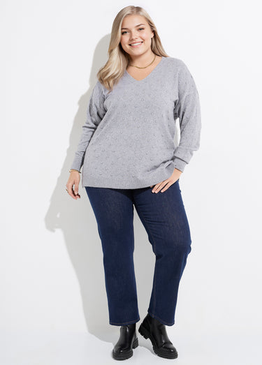 Pull col V maille fantaisie à pois Gris