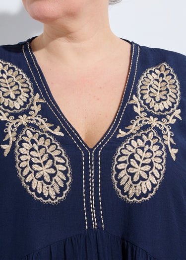 Robe col V avec broderies métallisées Marine