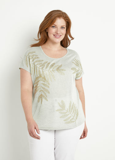 T-shirt col rond maille flammée motif doré Sauge
