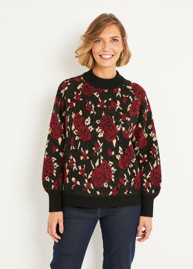 Pull chaud col montant raglan jacquard fleuri Noir/Rouge