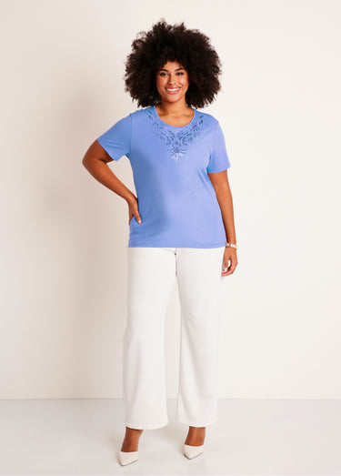 T-shirt court brodé manches courtes Bleu