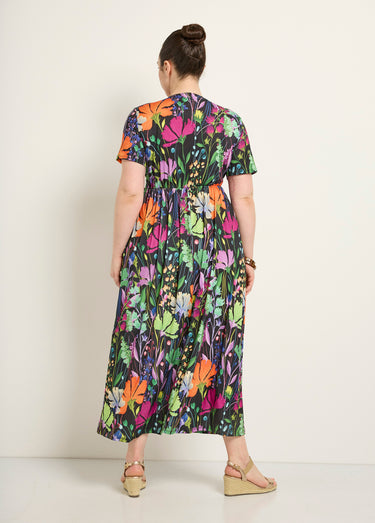Robe longue fluide manches courtes, fleuri Imprime Fond Noir