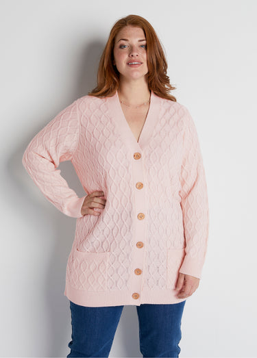 Gilet long boutonné torsades col V Rose