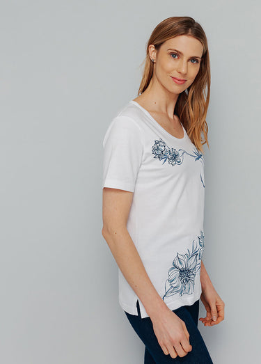 T-shirt motif fleurs encolure ronde Fond Blanc