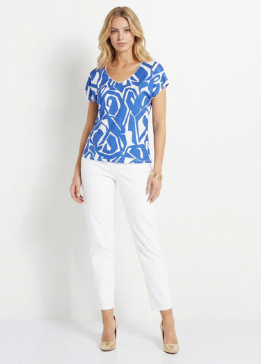 T-shirt droit court col V imprimé graphique Bleu / Blanc