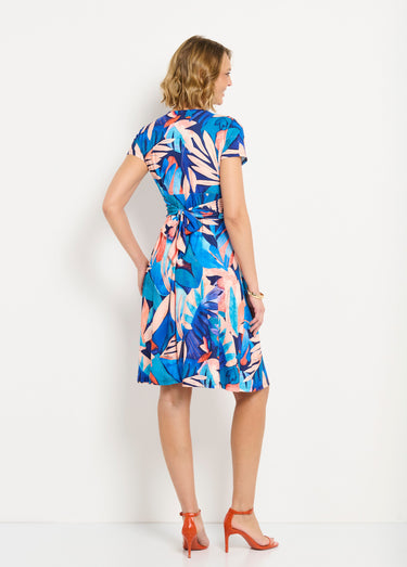 Robe courte col V effet drapé imprimé feuillage Bleu / Orange