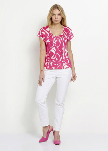 T-shirt droit court col V imprimé graphique Fuchsia/Blanc