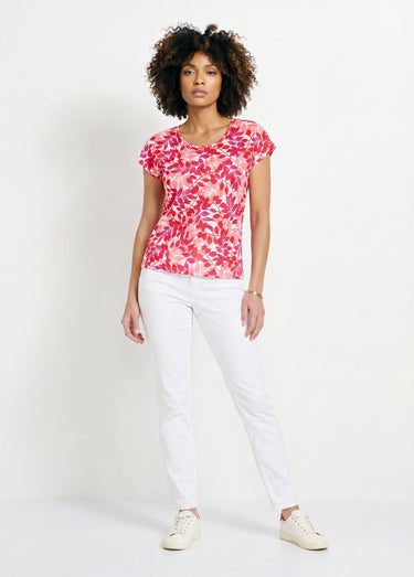 T-shirt manches courtes imprimé feuillage col rond Rouge/Rose