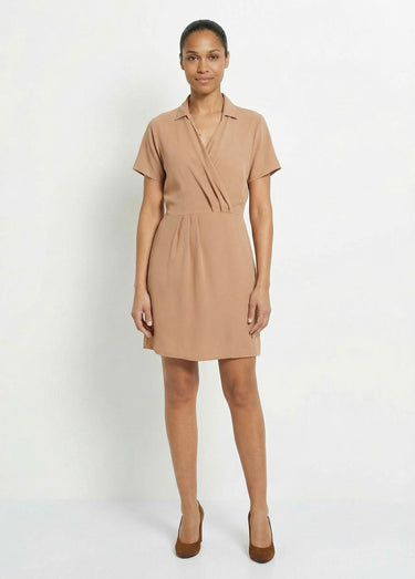 Robe col V manches courtes, Essentiel Camel