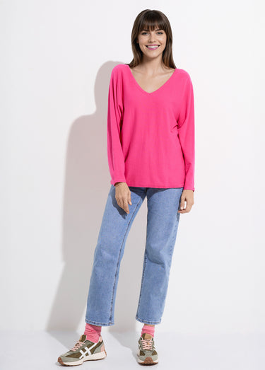 Pull en maille fine avec col V large Fuchsia