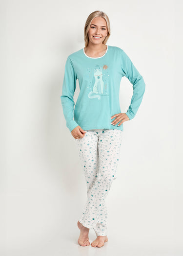Pyjama pantalon manches longues coton Aqua/Ivoire