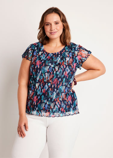 T-shirt court dentelle imprimée Marine/Fuchsia