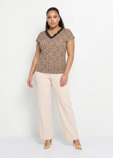 T-shirt court extensible dentelle Fond Camel