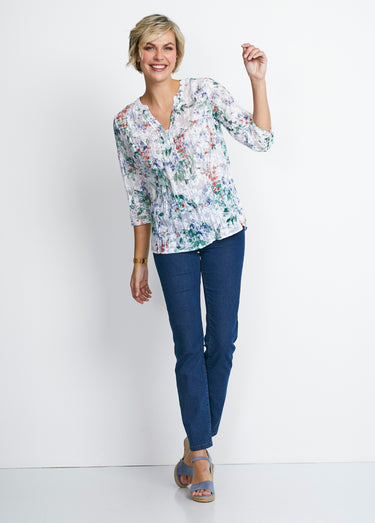 Tunique ample manches 3/4 fleurie Fond Blanc