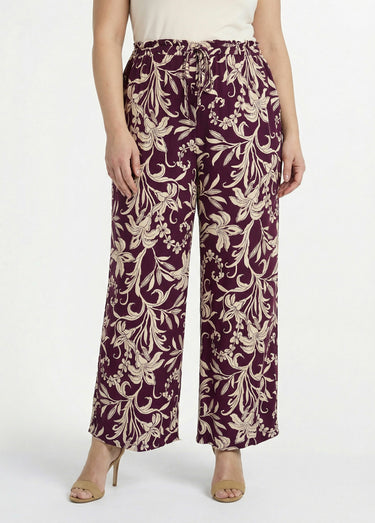 Pantalon taille élastiquée, motif fleuri Bordeaux/Beige