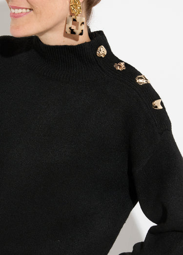 Pull col montant boutons bijou métal Noir