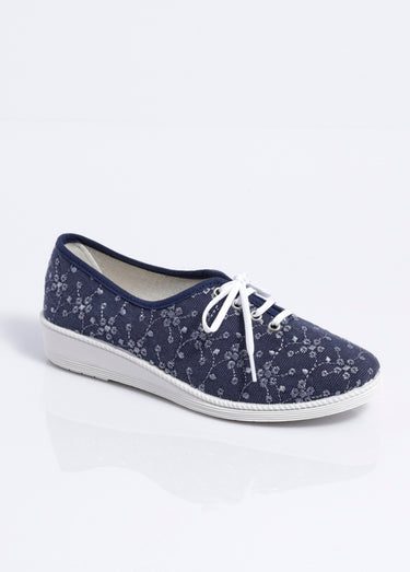 Derbies lacées compensées textile brodé Marine
