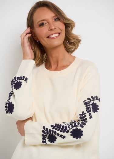 Pull manches avec broderies fantaisie Ecru