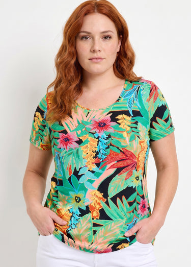 T-shirt long col rond imprimé exotique manches courtes Fond Noir