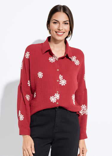 Chemisier avec broderies fleurs stylisées Bordeaux