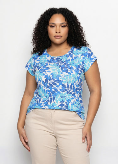 T-shirt manches courtes imprimé feuillage col rond Bleu/Aqua