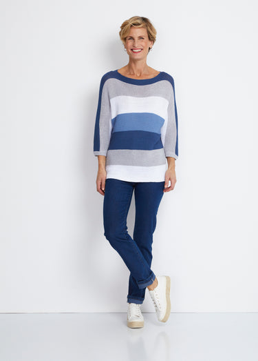 Pull rayé manches 3/4 point mousse Bleu / Gris