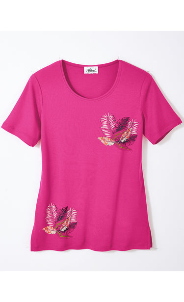 Tunique manches courtes motif exotique Uni Fuchsia