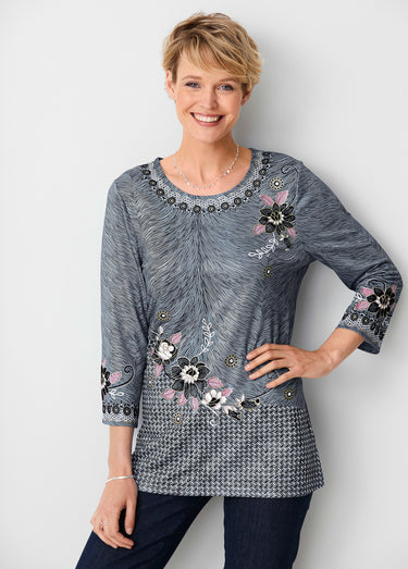 T-shirt long manches 3/4 fantaisie Gris
