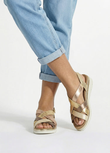 Sandales multibrides compensées grande largeur Dore/Bronze
