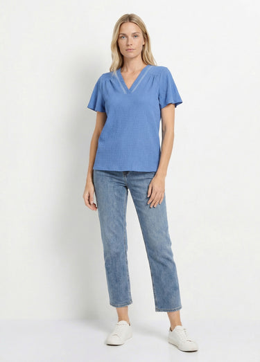 Tunique texturée, encolure V avec galon Bleu denim