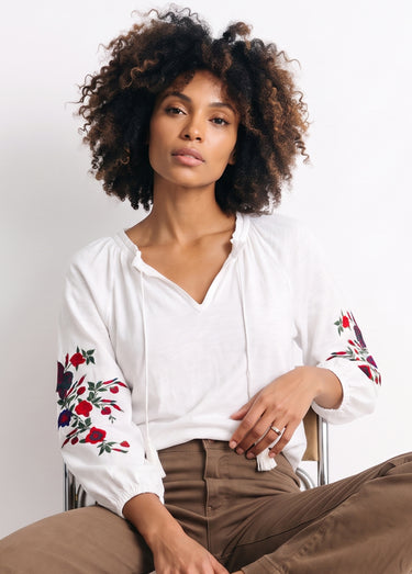 T-shirt long brodé manches 3/4 Blanc