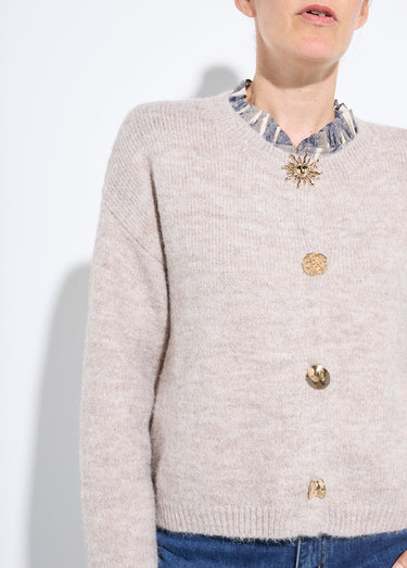 Gilet col rond avec laine, boutons métal Beige