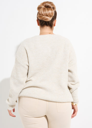 Pull col V maille mousseuse avec laine Ecru