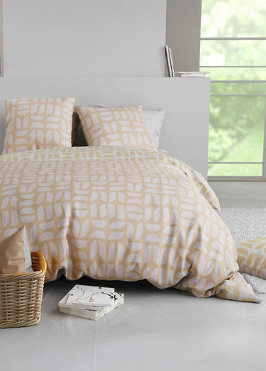 Parure de lit polycoton 2 pers, Romy Blanc/Beige