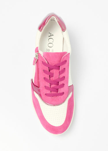 Baskets grande largeur compensées cuir Fuchsia/Blanc