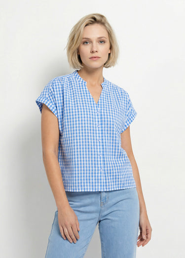 Chemisier à carreaux manches courtes kimono Blanc/Bleu