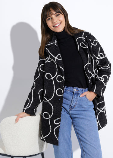 Caban long fantaisie type laine bouillie Noir