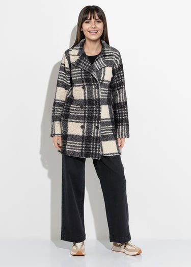 Caban carreaux long façon laine bouclée Noir/Ecru