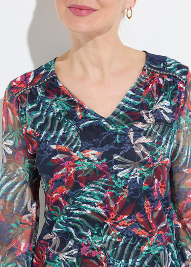 T-shirt col V maille dentelle imprimée Marine/Orange