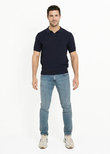 Pull fin en maille gaufrée avec col polo Marine